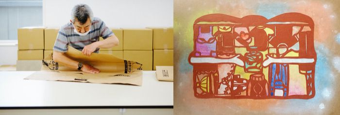 写真右は回収袋に印刷されているアーティスト（庫美原さん）の作品。&nbsp; &nbsp; 日本リユースシステム 提供